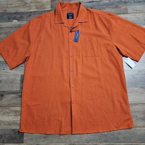 New Trust Shirt Mens XXL Orange Short Sleeve Button Up Casual Linen Rayon
